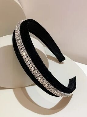Black Velvet Headband with Silver Crystal Trim